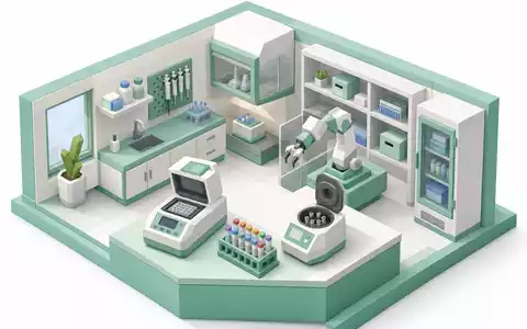 Qiagen N.V. (NL0012169213) isometrisches 3D-Labor-Diorama mit PCR-Gerät, Roboterarm und Zentrifuge im Low-Poly-Stil - Foto: THN
