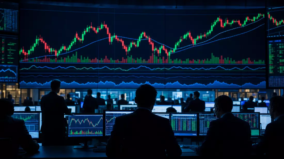 Biotech-Index-Tafel mit Trader-Silhouetten und Kurslinien, Börsen-Editorial.