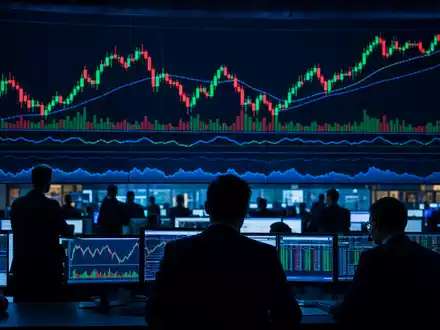 Qiagen N.V. (NL0012169213) Biotech-Index-Tafel mit Trader-Silhouetten, dynamischen Kurslinien und Bildschirmen im Börsen-Editorial-Stil. - Foto: THN