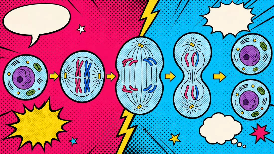 Pop-Art-Comic-Zellteilung im Halftone-Raster mit leuchtenden Knall-Farben