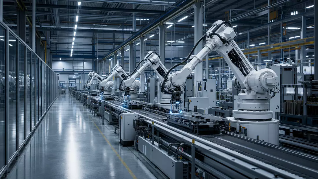 Fabrikhalle mit Industrierobotern an Fließband unter kühlem LED-Licht