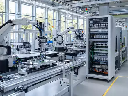 Fotorealistische Aufnahme einer Fabrikautomatisierung zeigt Siemens AG DE0007236101 in moderner Industrie-Automatisierung mit Robotern - Foto: THN
