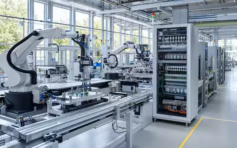 Fotorealistische Aufnahme einer Fabrikautomatisierung zeigt Siemens AG DE0007236101 in moderner Industrie-Automatisierung mit Robotern - Foto: THN