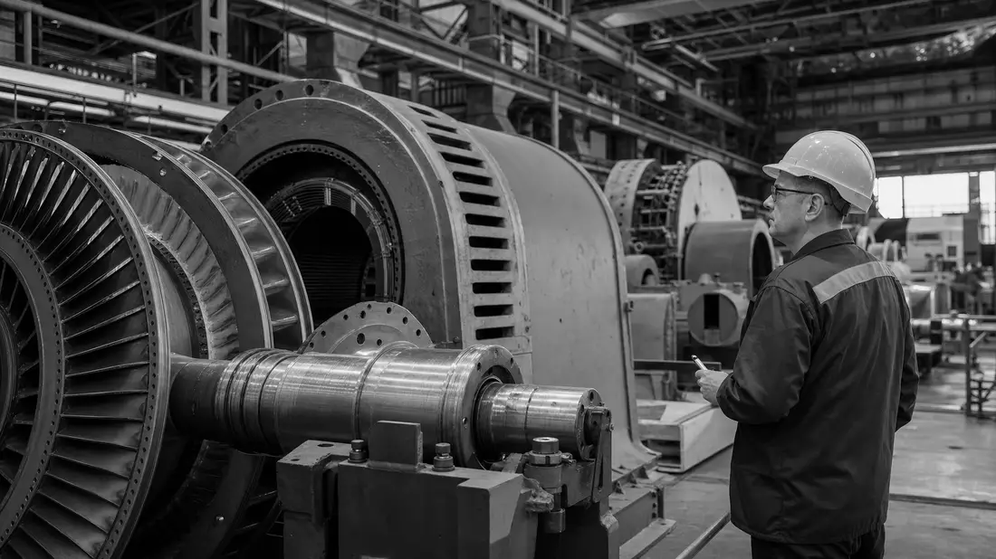 Schwarzweiß-Dokumentarfoto eines Ingenieurs bei Inspektion einer großen Turbine