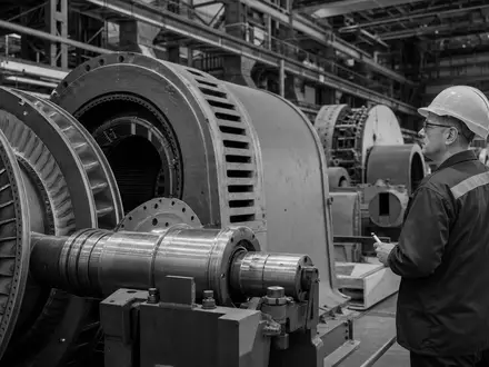 Schwarzweiß-Reportagefoto eines Ingenieurs an einer Turbine symbolisiert Siemens AG DE0007236101 in der Mobilitätsbranche - Foto: THN