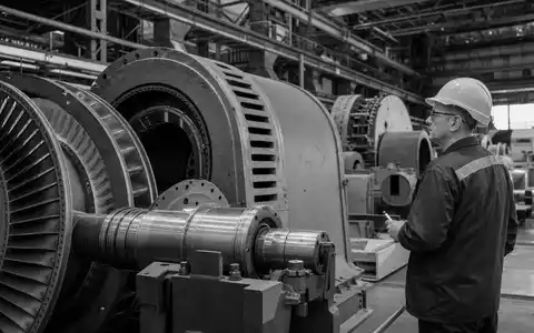 Schwarzweiß-Reportagefoto eines Ingenieurs an einer Turbine symbolisiert Siemens AG DE0007236101 in der Mobilitätsbranche - Foto: THN