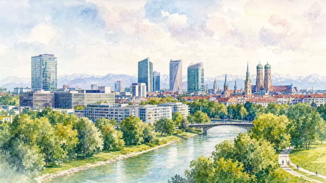 Aquarellbild der Münchner Skyline mit Hochhäusern und Alpenpanorama
