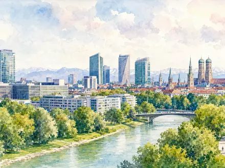 Aquarellmalerei der MĂŒnchner Skyline reprĂ€sentiert den Hauptsitz von Siemens AG DE0007236101 im DAX-Index Deutschlands - Foto: THN