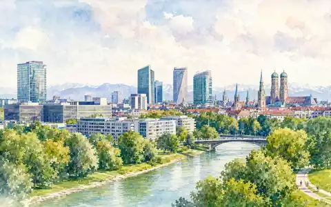 Aquarellmalerei der Münchner Skyline repräsentiert den Hauptsitz von Siemens AG DE0007236101 im DAX-Index Deutschlands - Foto: THN
