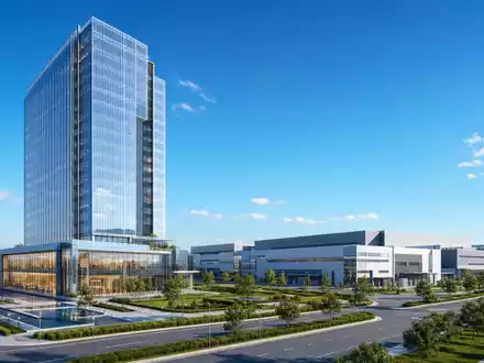 Architektur-Render eines modernen Bürohochhauses mit Industriecampus veranschaulicht die Unternehmenszentrale von Siemens AG DE0007236101 - Foto: THN
