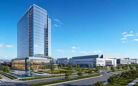 Architektur-Render eines modernen Bürohochhauses mit Industriecampus veranschaulicht die Unternehmenszentrale von Siemens AG DE0007236101 - Foto: THN