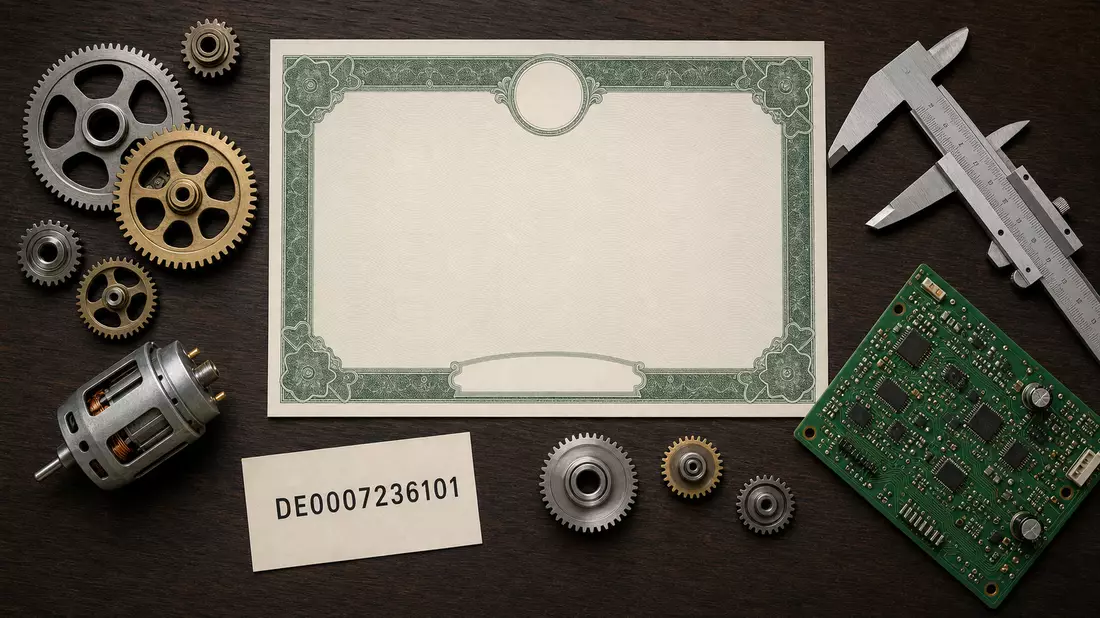 Flatlay mit Aktienzertifikat, ISIN-Karte, Zahnrädern und Platine auf Holztisch