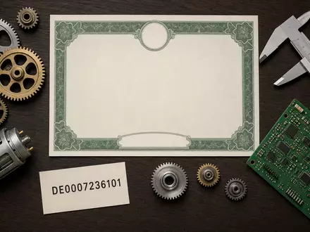 Flatlay-Arrangement mit Aktienzertifikat und ISIN-Karte zeigt die Kennnummer der Siemens AG DE0007236101 neben Industrieutensilien - Foto: THN