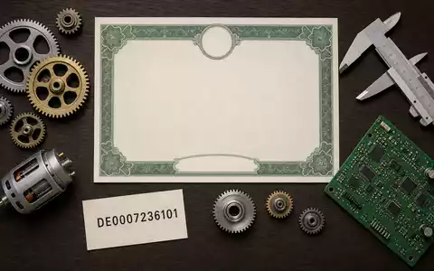 Flatlay-Arrangement mit Aktienzertifikat und ISIN-Karte zeigt die Kennnummer der Siemens AG DE0007236101 neben Industrieutensilien - Foto: THN
