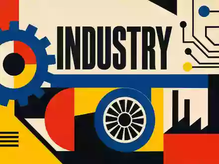 Geometrisches Bauhaus-Poster mit Zahnrädern und Turbinenformen symbolisiert die Industrie-Automatisierung von Siemens AG DE0007236101 - Foto: THN