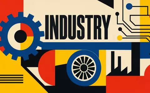 Geometrisches Bauhaus-Poster mit Zahnrädern und Turbinenformen symbolisiert die Industrie-Automatisierung von Siemens AG DE0007236101 - Foto: THN