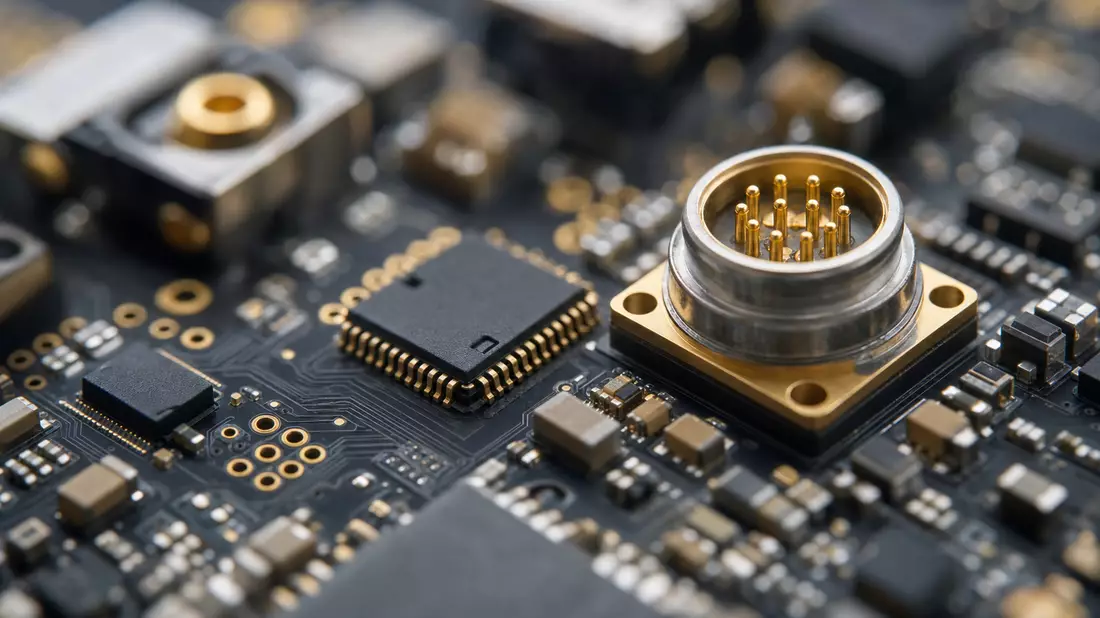 Makroaufnahme einer Leiterplatte mit goldenen Steckverbindern und Mikrochips