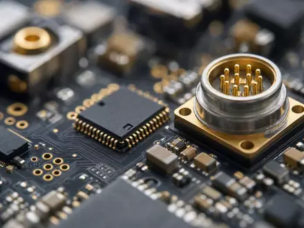 Makroaufnahme einer Platine mit goldenen Kontakten veranschaulicht Präzisionstechnik der Siemens AG DE0007236101 in Digital Industries - Foto: THN