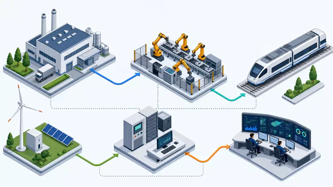 Isometrische 3D-Grafik zeigt Fabrik, Roboterarme, Zug, Windrad und Leitstand