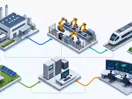 Isometrische 3D-Illustration einer Wertschöpfungskette mit Fabrik, Zug und Turbine visualisiert Geschäftsfelder der Siemens AG DE0007236101 - Foto: THN