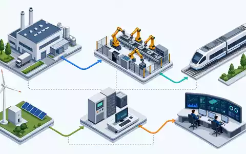 Isometrische 3D-Illustration einer Wertschöpfungskette mit Fabrik, Zug und Turbine visualisiert Geschäftsfelder der Siemens AG DE0007236101 - Foto: THN