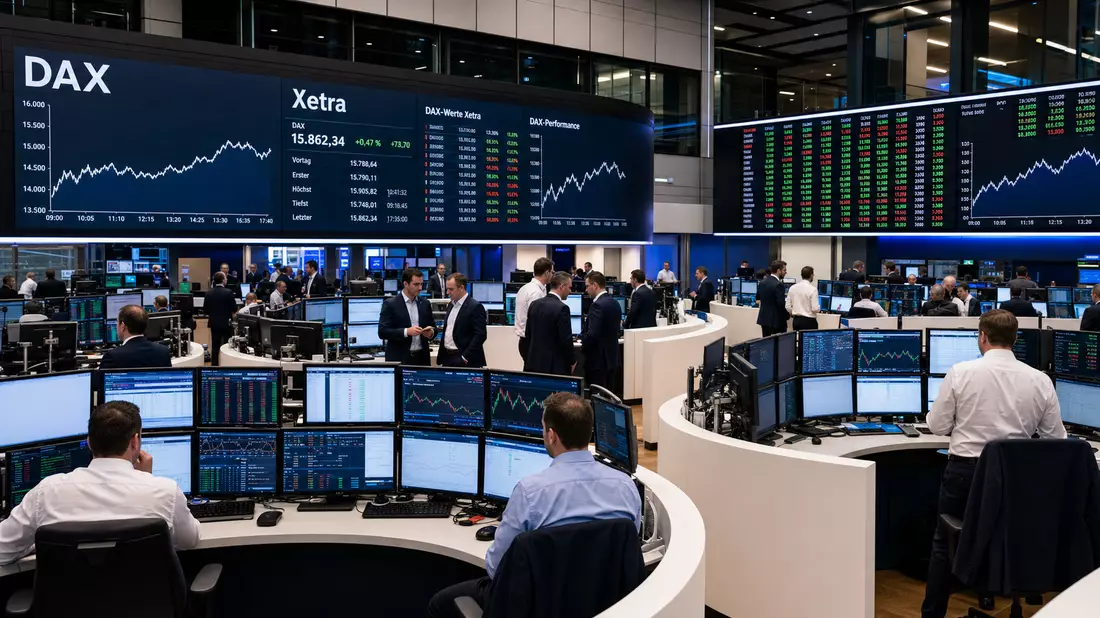 Trading-Floor mit Bildschirmen, DAX-Kurve und Xetra-Anzeige, Händler im Fokus