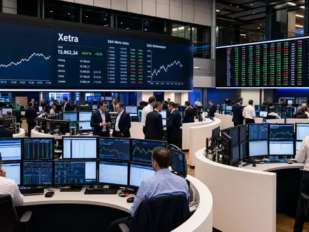 Börsen-Editorialfoto vom Frankfurter Handelsraum mit DAX- und Xetra-Anzeigen zeigt das Marktumfeld der Siemens AG DE0007236101 - Foto: THN