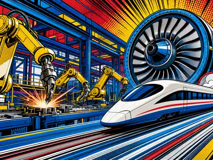 Pop-Art-Comic-Szene mit Roboterarmen, Zug und Turbine stellt farbenfroh die Industrie-Automatisierung von Siemens AG DE0007236101 dar - Foto: THN