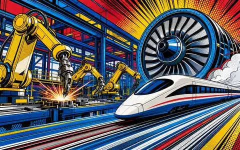 Pop-Art-Comic-Szene mit Roboterarmen, Zug und Turbine stellt farbenfroh die Industrie-Automatisierung von Siemens AG DE0007236101 dar - Foto: THN