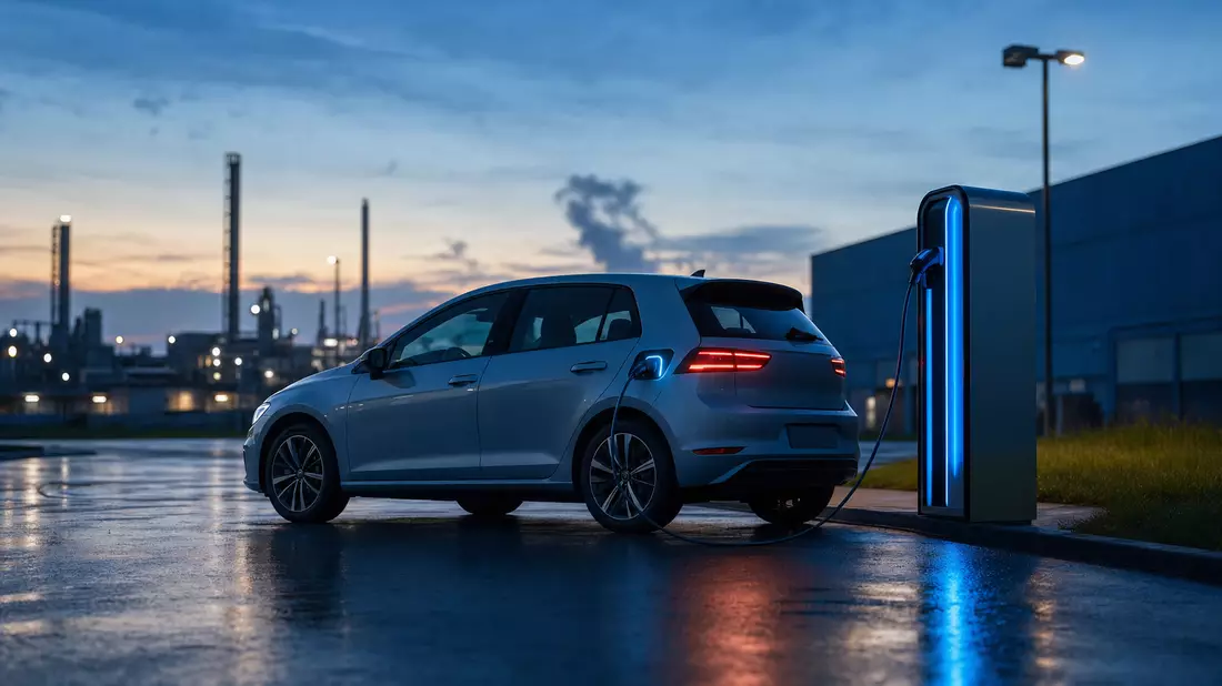 Elektro-Kompaktwagen an Ladestation auf Industriegelände bei Dämmerung