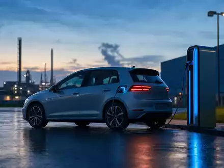 Volkswagen AG Vz (DE0007664039) – Generischer Elektro-Kompaktwagen lädt zur blauen Stunde auf Werksgelände - Foto: THN