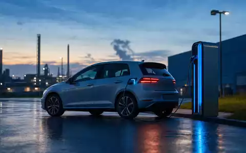 Volkswagen AG Vz (DE0007664039) – Generischer Elektro-Kompaktwagen lädt zur blauen Stunde auf Werksgelände - Foto: THN