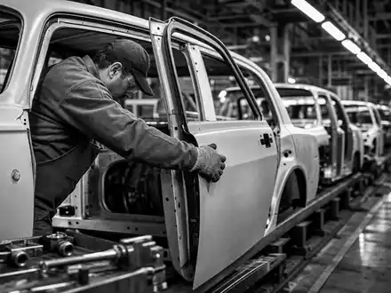 Volkswagen AG Vz (DE0007664039) – Dokumentarisches Schwarz-Weiß-Bild zeigt Fließbandarbeiter bei der Türmontage am Band - Foto: THN
