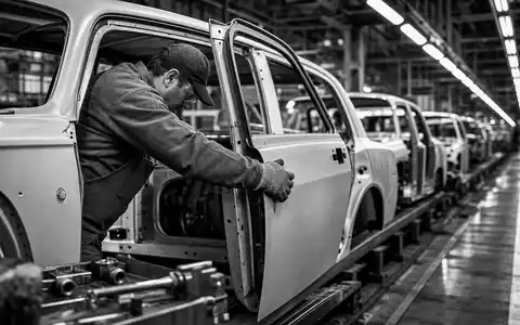 Volkswagen AG Vz (DE0007664039) – Dokumentarisches Schwarz-Weiß-Bild zeigt Fließbandarbeiter bei der Türmontage am Band - Foto: THN