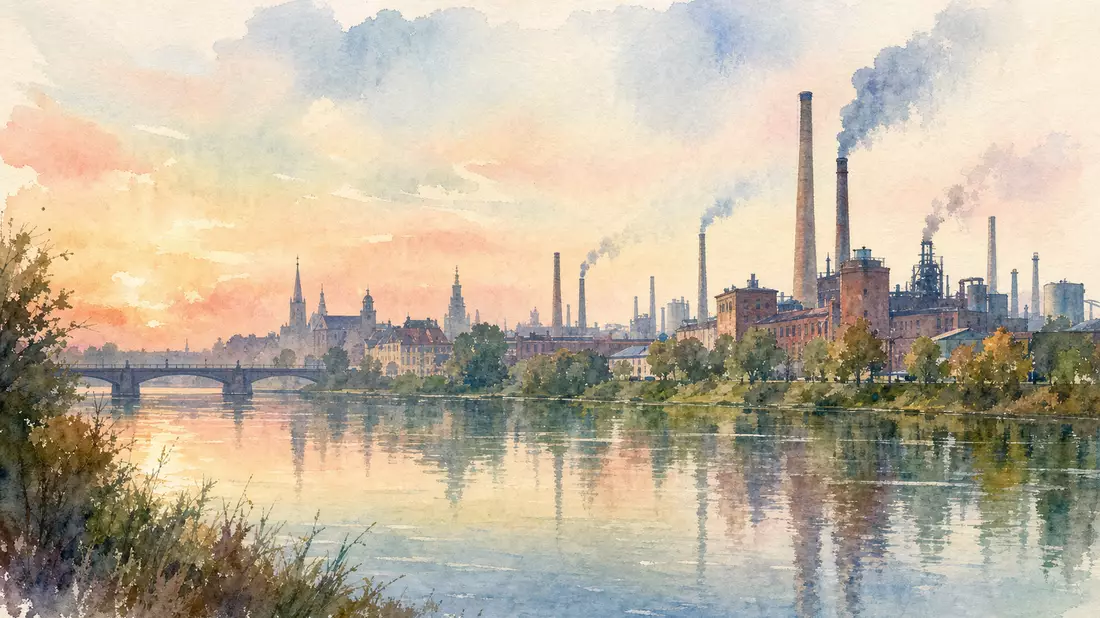 Aquarell-Stadtpanorama mit Industrieschornsteinen und Fluss in Pastellfarben