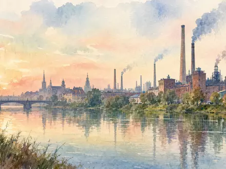 Volkswagen AG Vz (DE0007664039) – Aquarell der Wolfsburger Stadtkulisse mit Kraftwerk-Schornsteinen in Pastelltönen - Foto: THN