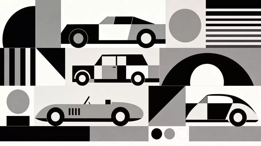 Bauhaus-Poster mit geometrischen Auto-Silhouetten in Schwarz-Weiß-Grau