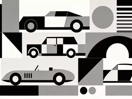 Volkswagen AG Vz (DE0007664039) – Bauhaus-Poster mit stilisierten Auto-Silhouetten in reinem Schwarz, Weiß und Grau - Foto: THN