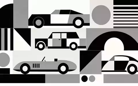 Volkswagen AG Vz (DE0007664039) – Bauhaus-Poster mit stilisierten Auto-Silhouetten in reinem Schwarz, Weiß und Grau - Foto: THN