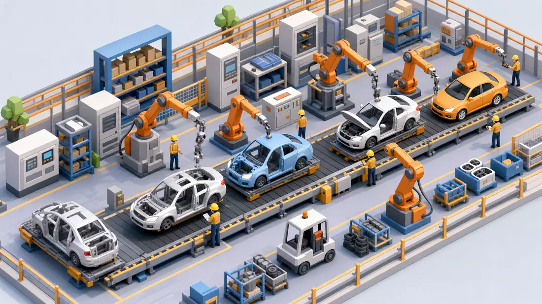 Isometrisches 3D-Diorama eines Fließbands mit Autos und Roboterarmen