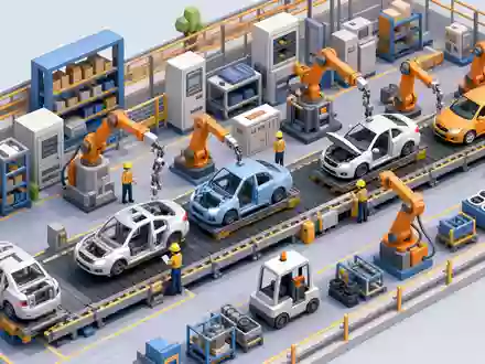 Volkswagen AG Vz (DE0007664039) – Isometrisches Low-Poly-Diorama zeigt Fließband mit Karossen und Roboterarmen - Foto: THN