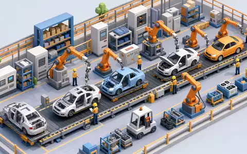 Volkswagen AG Vz (DE0007664039) – Isometrisches Low-Poly-Diorama zeigt Fließband mit Karossen und Roboterarmen - Foto: THN