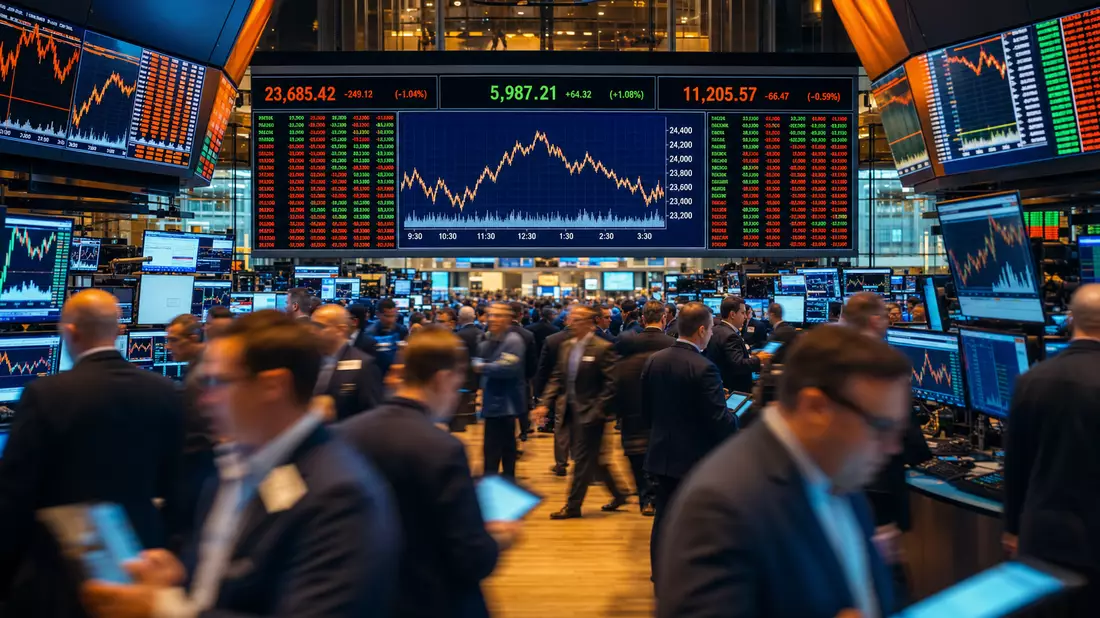 Belebter Trading-Floor mit Anzeigetafeln voller Kursdiagramme und Händlern