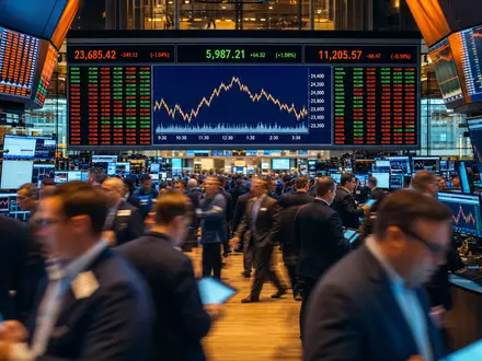 Volkswagen AG Vz (DE0007664039) – Editorialfoto eines Trading-Floors mit DAX-Index-Charts auf großen Anzeigetafeln - Foto: THN