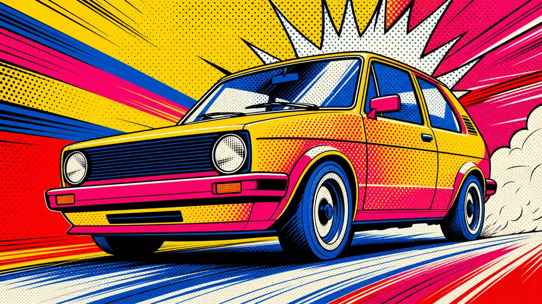 Pop-Art-Kompaktwagen in Halftone-Punktraster mit knalligen Signalfarben