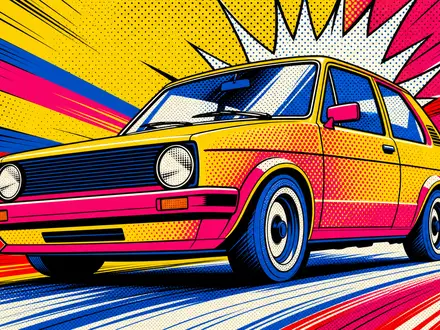 Volkswagen AG Vz (DE0007664039) – Pop-Art-Illustration eines Kompaktwagens im bunten Halftone-Raster mit Knallfarben - Foto: THN