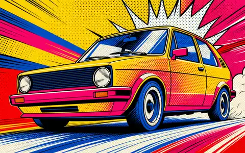 Volkswagen AG Vz (DE0007664039) – Pop-Art-Illustration eines Kompaktwagens im bunten Halftone-Raster mit Knallfarben - Foto: THN
