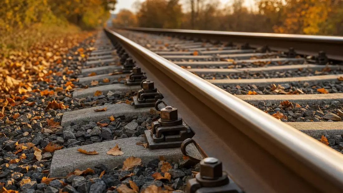 Herbstliches Bahngleis mit Schienenklemmen und Schotterbett im Abendlicht