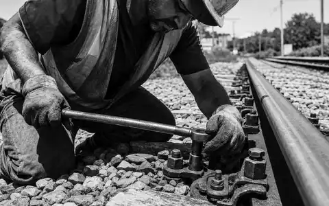Vossloh AG (DE0007667107) dokumentiert Gleisarbeiter beim Schrauben an Schiene in schwarzweißem Reportagestil - Foto: THN