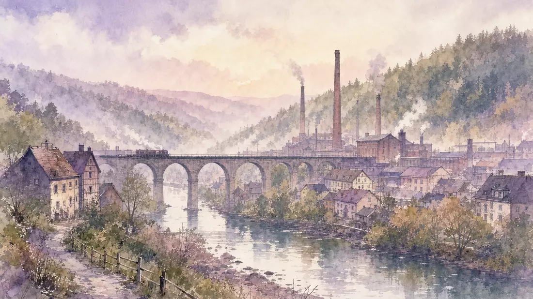 Aquarell-Panorama von Werdohl mit arkadenreichem Bahnviadukt und Industrieschornsteinen